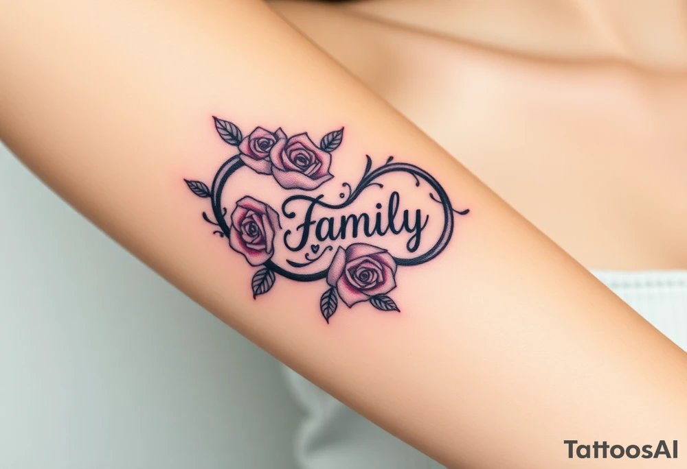 A swirling infinity symbol made of delicate roses, with the word "family" carved into the petals tattoo idea