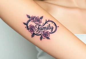 A swirling infinity symbol made of delicate roses, with the word "family" carved into the petals tattoo idea