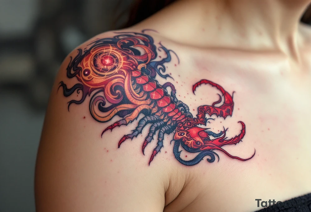 The ruby-bright heart of Antares pulses from Scorpius star constellation, the sky's crimson-clad arachnid warrior. tattoo idea