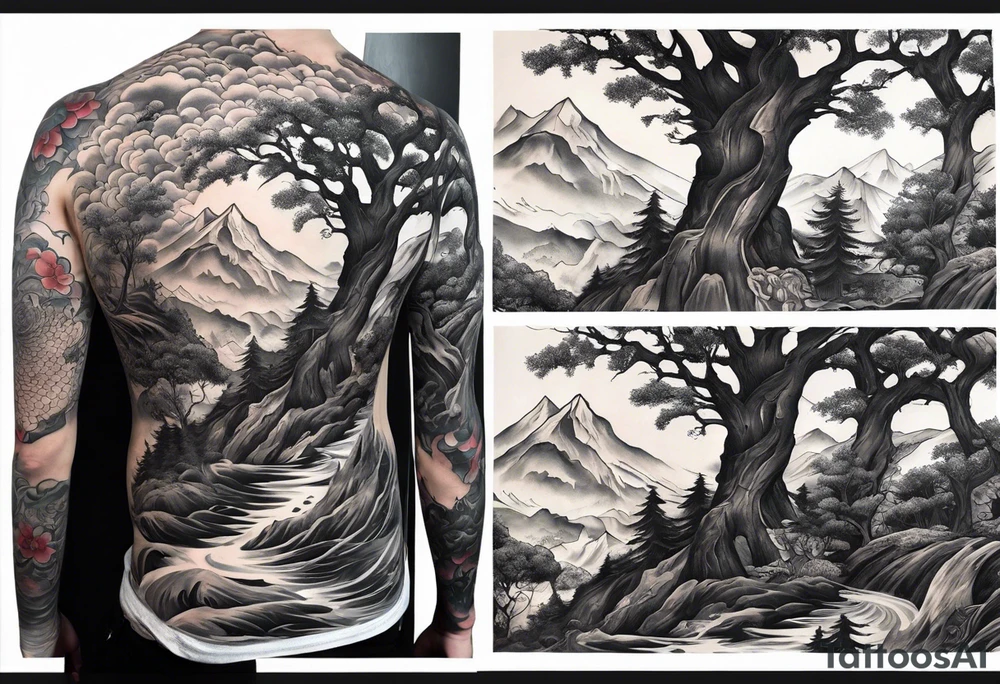 Full arm sleeve, tree going up to shoulder dead tree going down to wrist, wrapped in a serpent moving down with mountain, water, and demon tattoo idea