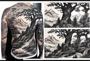 Full arm sleeve, tree going up to shoulder dead tree going down to wrist, wrapped in a serpent moving down with mountain, water, and demon tattoo idea