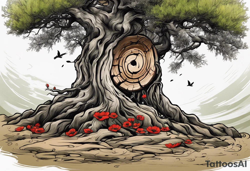 And olive tree with exposed roots, writing out “patience” in Korean, next to a tree stump with exposed rings, and a small Poppy flower growing out of the ground tattoo idea