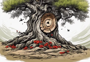 And olive tree with exposed roots, writing out “patience” in Korean, next to a tree stump with exposed rings, and a small Poppy flower growing out of the ground tattoo idea