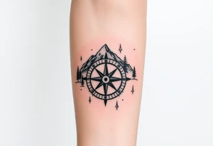 Nature including a compass as the centerpiece with mountains and trees in the background tattoo idea