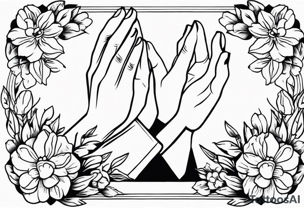 hands praying with flowers simple bold tradional old school style tattoo idea