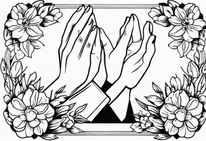 hands praying with flowers simple bold tradional old school style tattoo idea