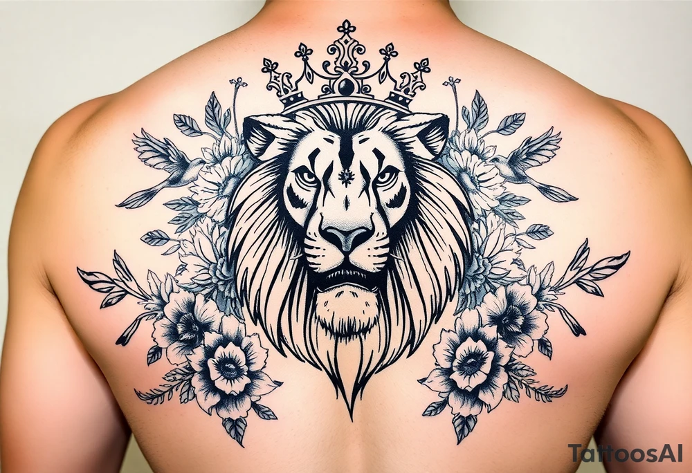 powerful majestic lion with a crown, surrounded by floral ornaments and birds tattoo idea