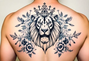 powerful majestic lion with a crown, surrounded by floral ornaments and birds tattoo idea