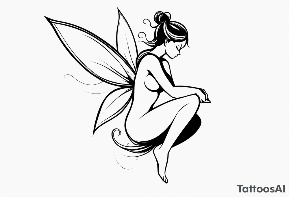 Minimalistic, monochromatic fairy with a tail flying to the left in a fetal position, leaning and looking in the same direction, with visible hands, embodying the 'Fairy Tail' logo aesthetic. tattoo idea