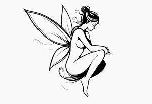 Minimalistic, monochromatic fairy with a tail flying to the left in a fetal position, leaning and looking in the same direction, with visible hands, embodying the 'Fairy Tail' logo aesthetic. tattoo idea