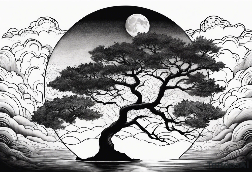 lake and tree shadow with moon and clouds tattoo idea