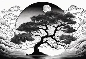 lake and tree shadow with moon and clouds tattoo idea