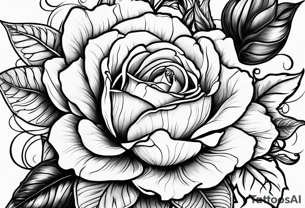 Floral design with 1 rose, lilac, magnolia, Azalea, Lisanthus, sunflower tattoo idea