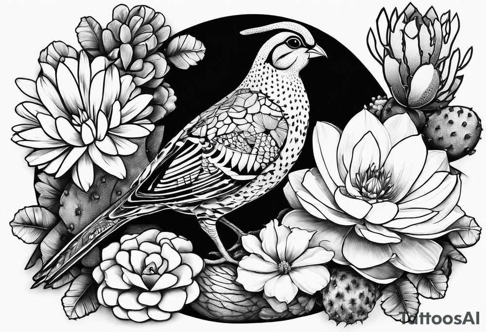 Quails, cactus, flowers tattoo idea