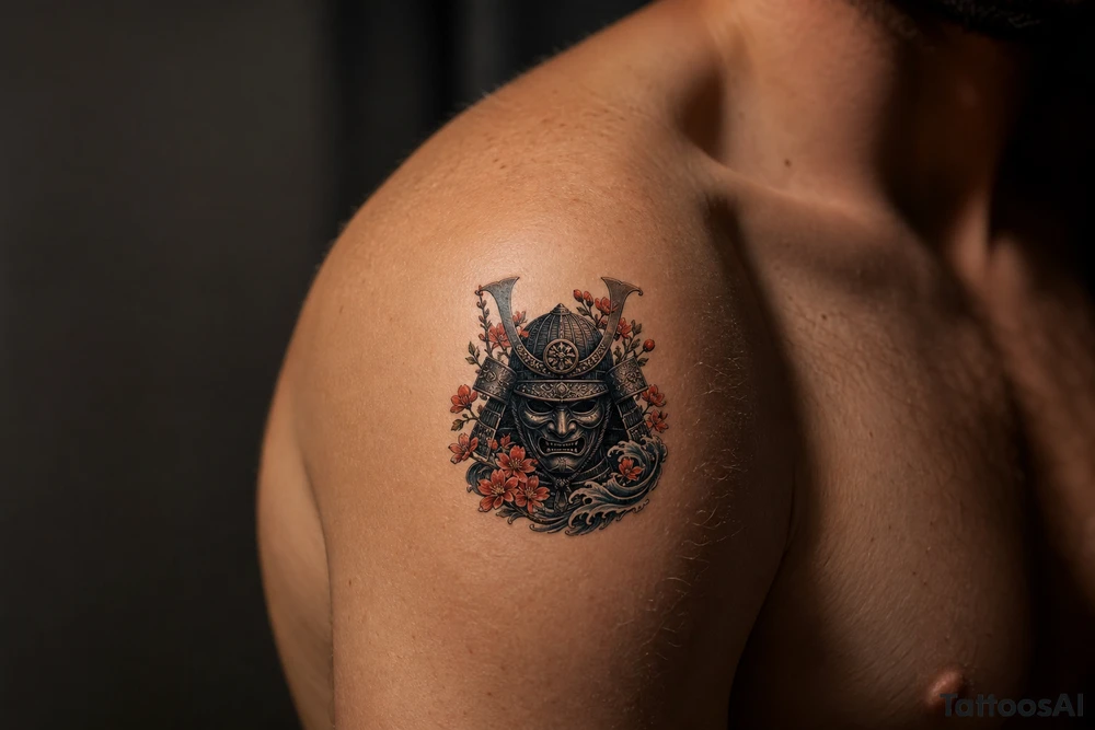 Pop black and grey samurai warrior mask, intricate details, all the shoulder tattoo idea
