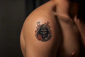 Pop black and grey samurai warrior mask, intricate details, all the shoulder tattoo idea
