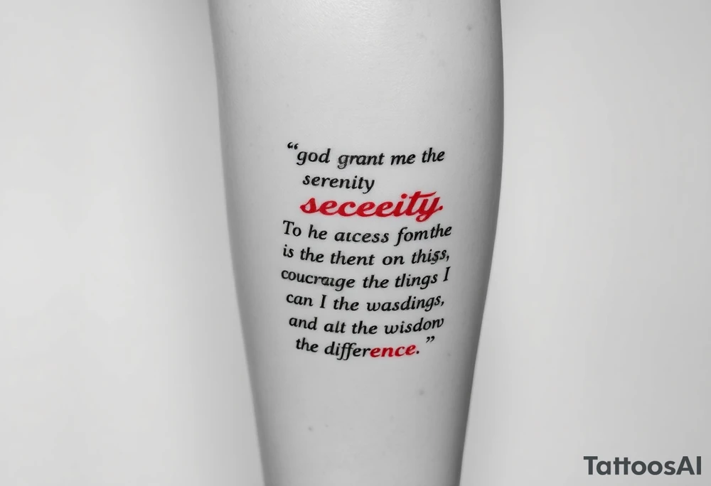 Generate a leg tattoo going vertically down a women’s leg all the way down saying “god grant me the serenity to  accept the things I can not change courage to change the things I can and the wisdom to know the difference” put god , serenity , courage, and wisdom in red tattoo idea