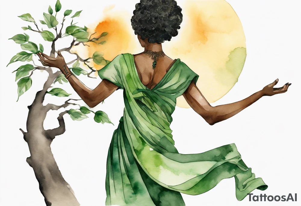 a tree with a trunk that turns into a black woman reaching with her arms towards the sun, wearing a green tunic tattoo idea