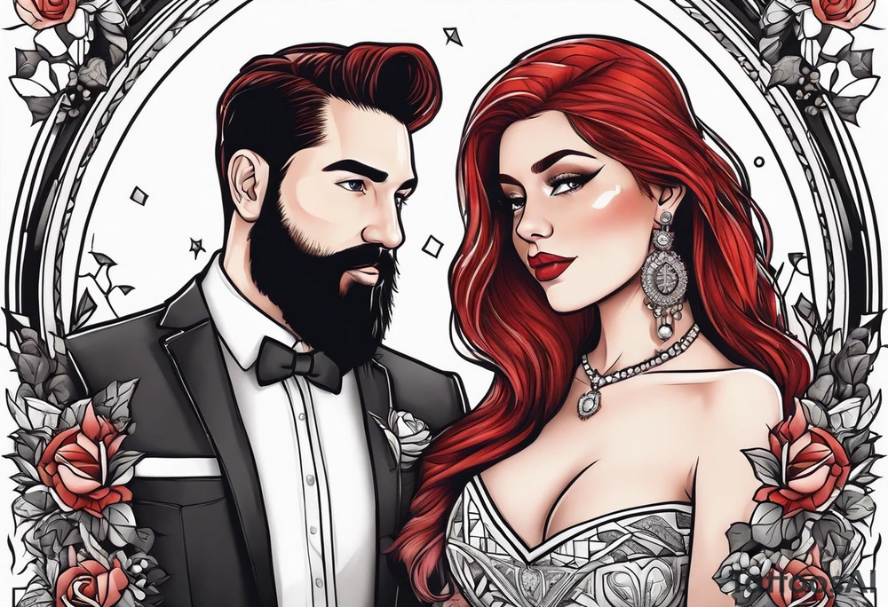 Busty red haired woman with a bearded man who has black hair getting married tattoo idea
