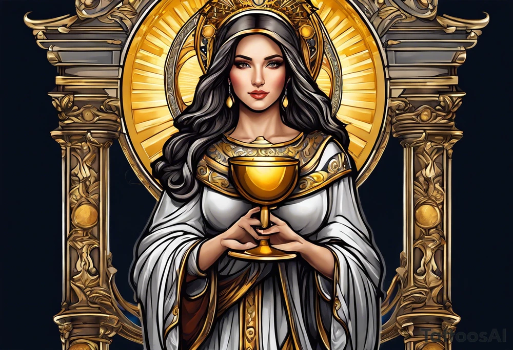 woman saint holding chalice surrounded by golden halo with a tower tattoo idea