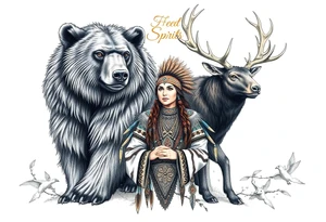 Indigenous, Majestic, and Powerful male Goliath Grizzly Bear and Elk. Both guarding an Indigenous, Majestic, and Powerful Raven haired Warrior Squaw surrounded by The Great Spirits in the sky tattoo idea