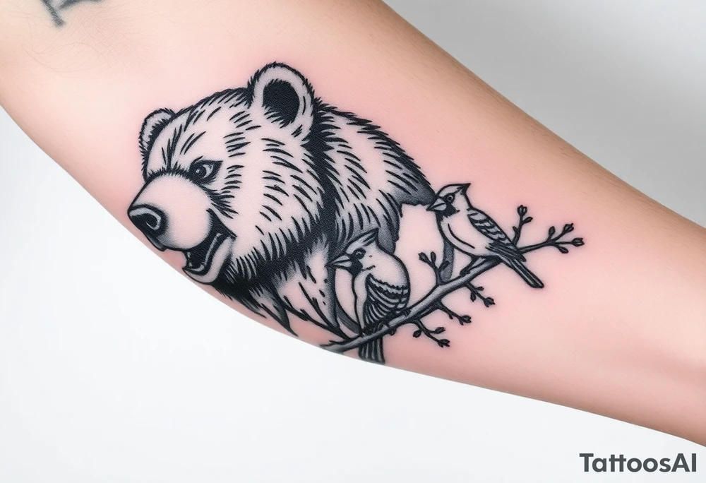 Realistic Woodland with a bear, woodpecker and cardinal tattoo idea