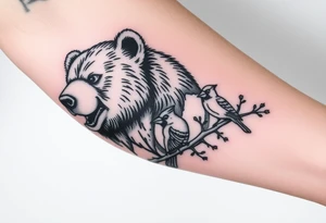 Realistic Woodland with a bear, woodpecker and cardinal tattoo idea