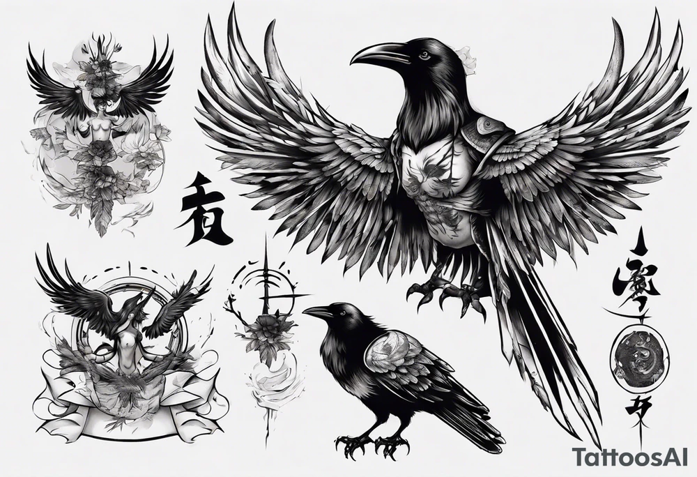 A human with a crow head with wings tattoo idea