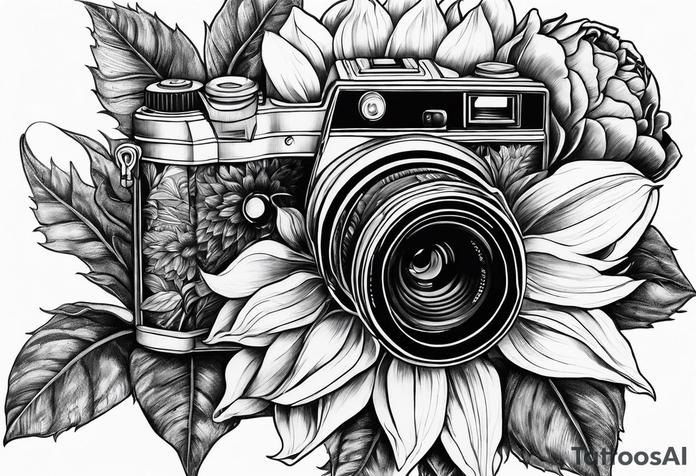 sunflower, camera, flower rose , book tattoo idea
