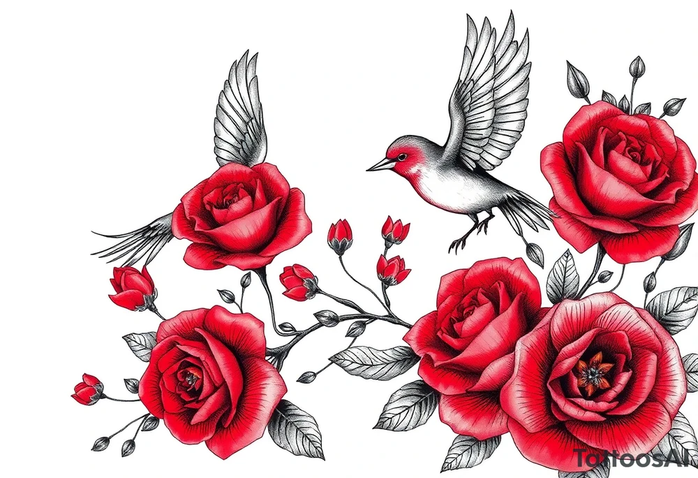Vintage lace, red roses, red birds tattoo idea