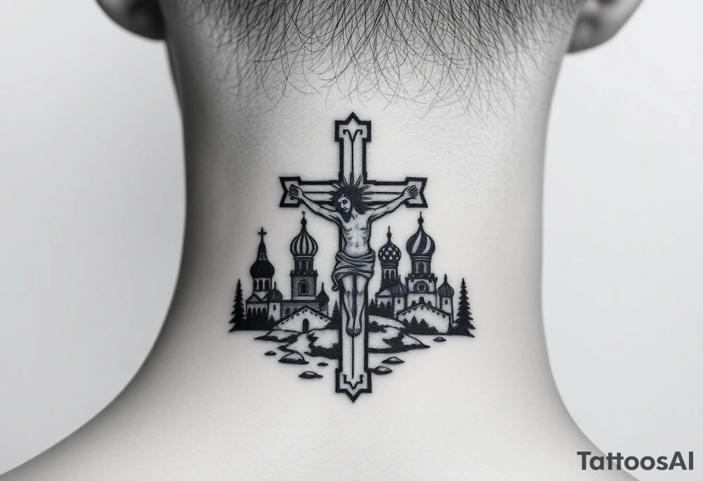 Traditional orthodox ICXC Christian cross with an orthodox Jesus Christ on the cross in a wilderness Russian Kremlin setting tattoo idea