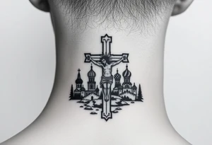 Traditional orthodox ICXC Christian cross with an orthodox Jesus Christ on the cross in a wilderness Russian Kremlin setting tattoo idea