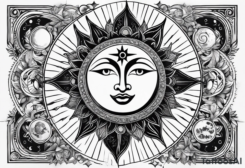 Merge celestial symbols like the sun and moon with religious icons, creating a design that represents the eternal and cyclical nature of spirituality. tattoo idea