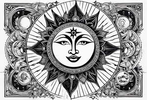 Merge celestial symbols like the sun and moon with religious icons, creating a design that represents the eternal and cyclical nature of spirituality. tattoo idea