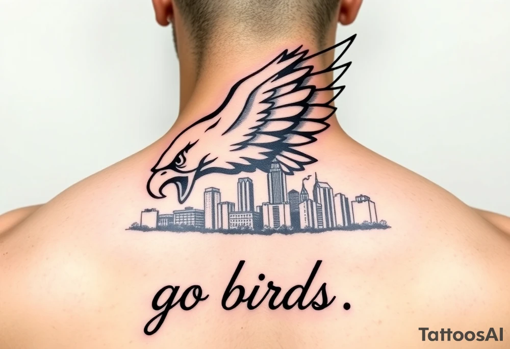 Philadelphia Eagle classic logo flying over Philadelphia city skyline with the words go Birds under it tattoo idea