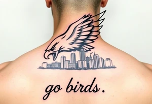 Philadelphia Eagle classic logo flying over Philadelphia city skyline with the words go Birds under it tattoo idea