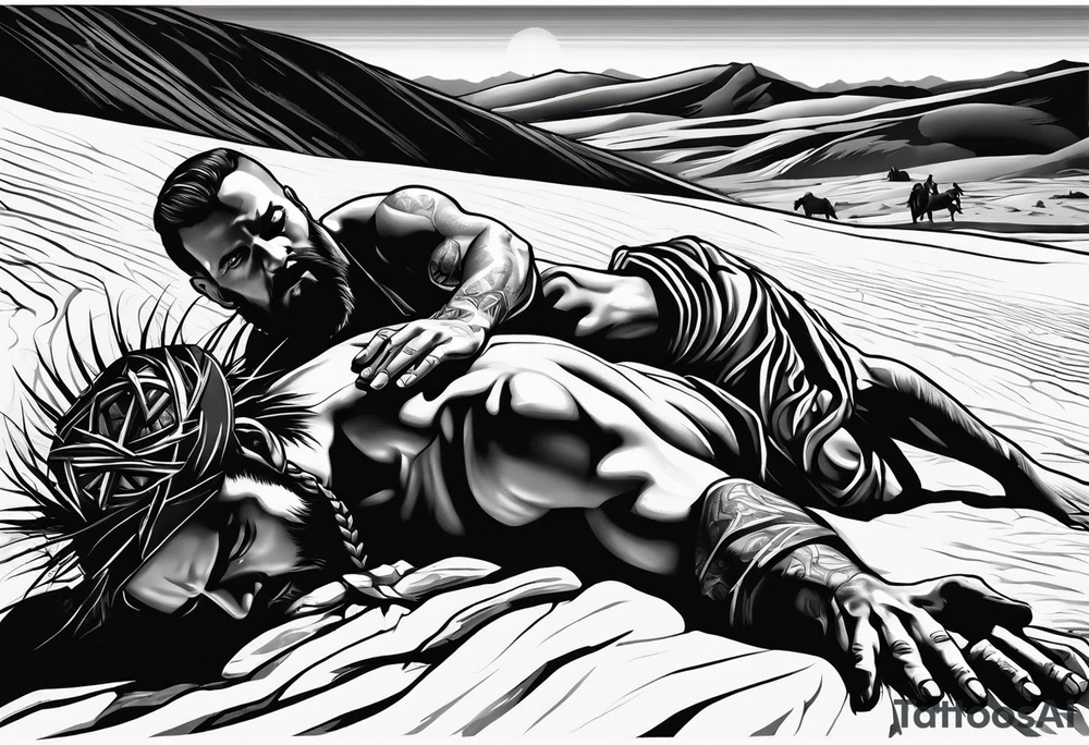 man crawling in a desert reaching to the cross of Christ tattoo idea