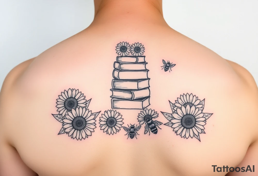 A stack of books surround by sunflowers and bees tattoo idea