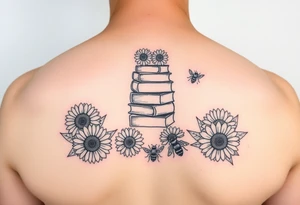 A stack of books surround by sunflowers and bees tattoo idea