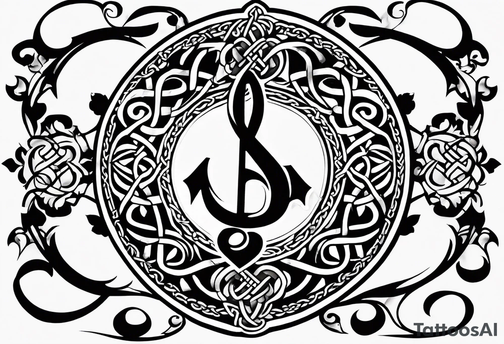 Celtic styling, anchor, bass clef note, treble clef note, dog paw print, half sleeve, forearm tattoo idea