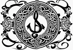 Celtic styling, anchor, bass clef note, treble clef note, dog paw print, half sleeve, forearm tattoo idea