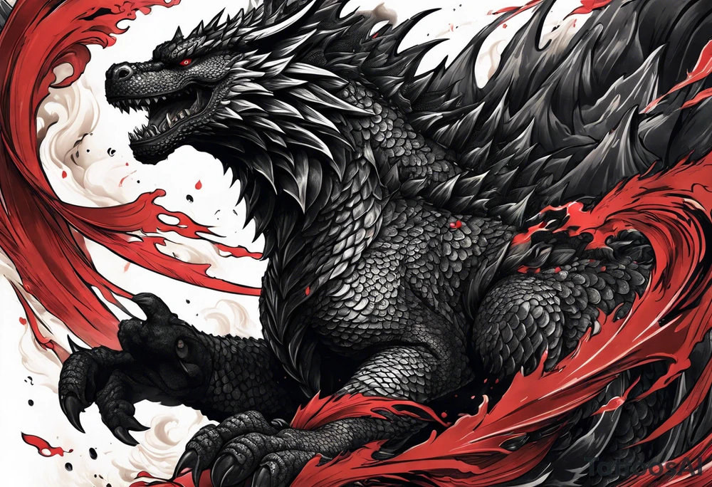 godzilla inspired dragon irezumi arm sleeve in black and red with water and lightning tattoo idea