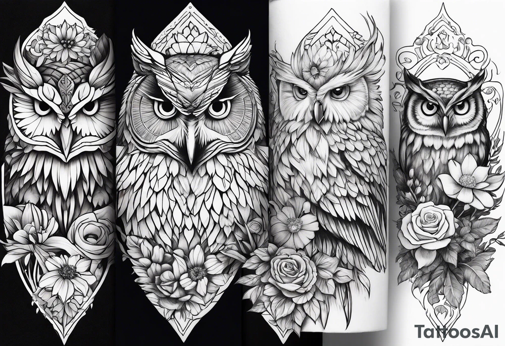 Owl and wildflowers and unicorn and warrior princess half sleeve tattoo idea