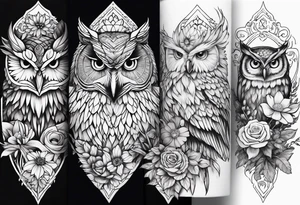 Owl and wildflowers and unicorn and warrior princess half sleeve tattoo idea