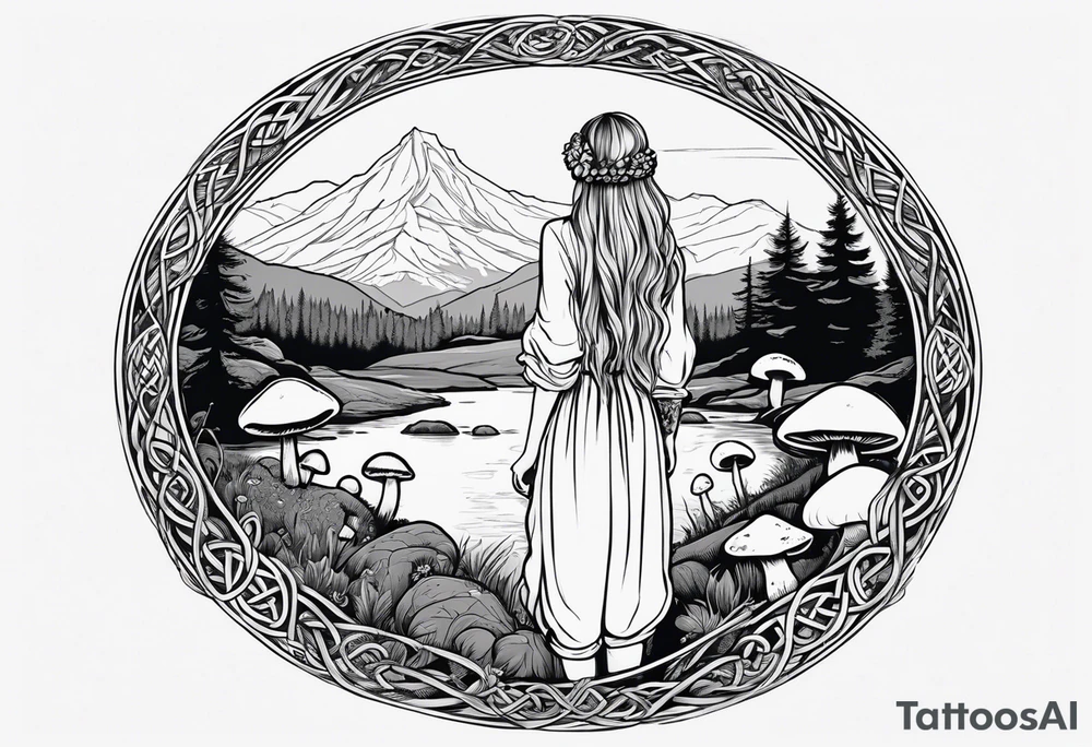 Whole picture encircled fully

Straight long blonde hair hippie girl in distance holding mushrooms in hand facing away toward mountains and creek surrounded by mushrooms long sleeve shirt and hiking pants; whole rendering within a full celtic circle border, no cut off circle tattoo idea