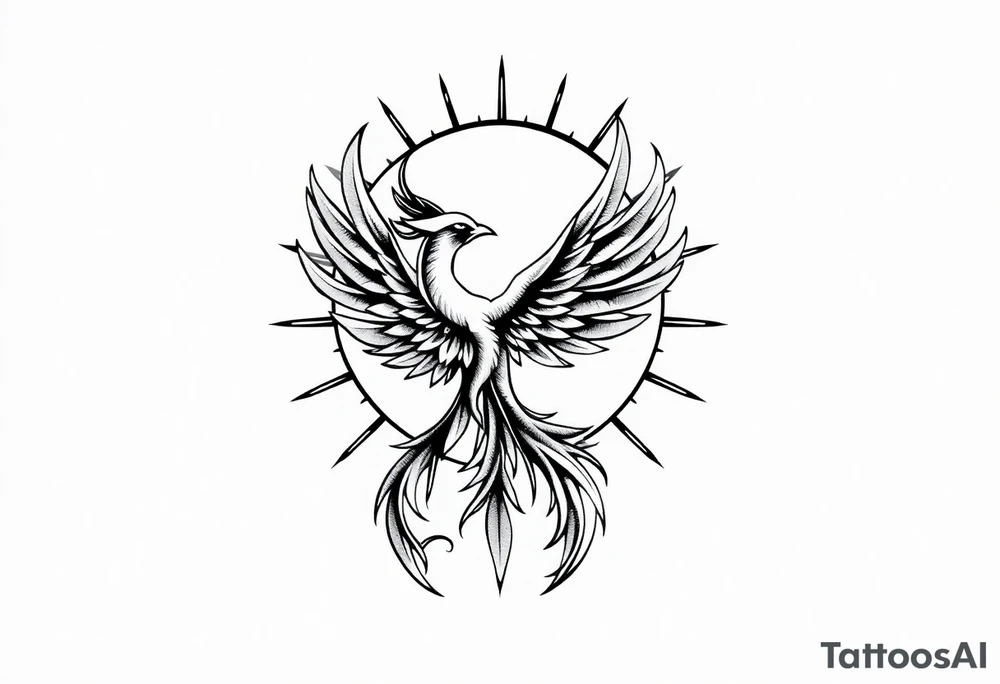 magical phoenix rising from golden flames with trailing embers surrounded by geometric sun and moon tattoo idea