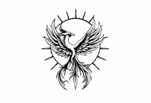 magical phoenix rising from golden flames with trailing embers surrounded by geometric sun and moon tattoo idea