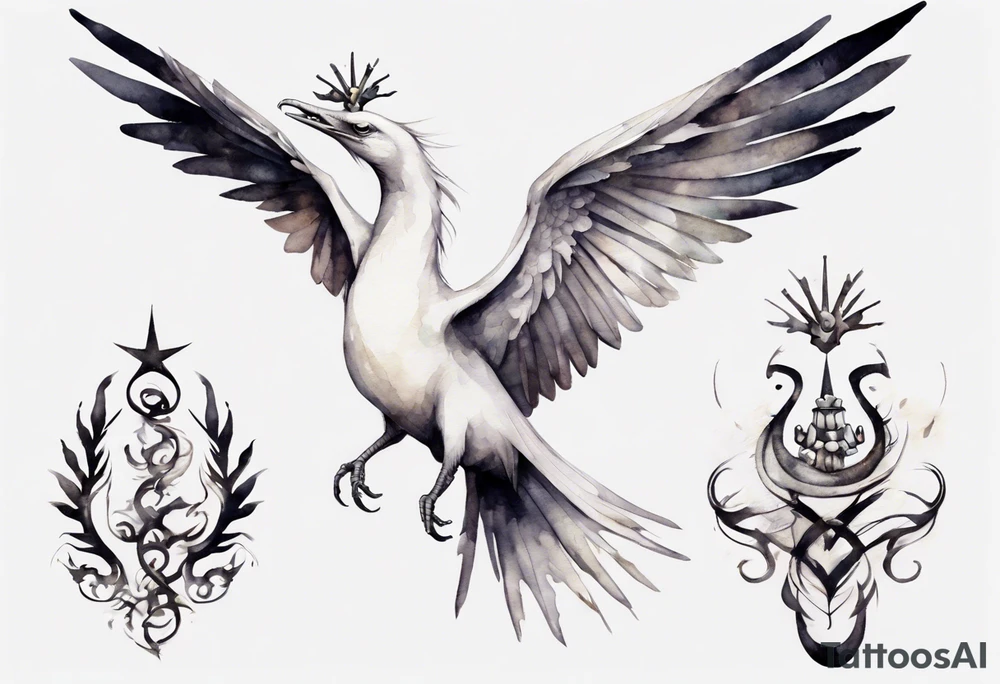 a white bird-serpent hybrid, wearing a small crown on its head, flying in the air tattoo idea