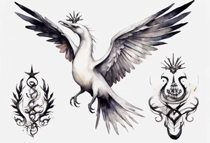 a white bird-serpent hybrid, wearing a small crown on its head, flying in the air tattoo idea