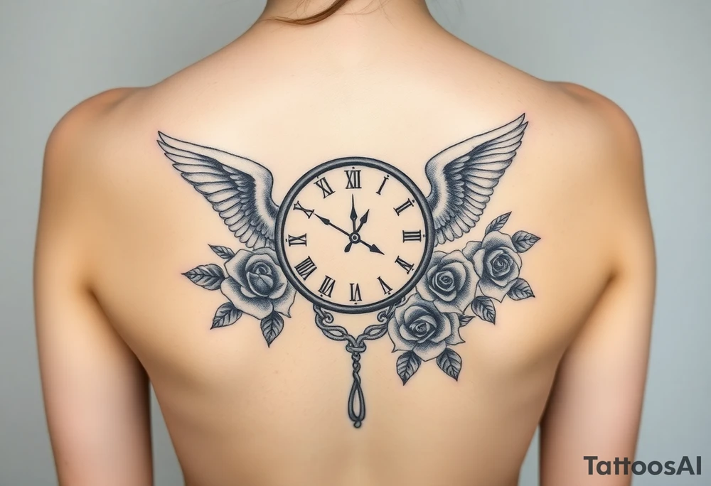 Clock, angel handcuffed, money, roses tattoo idea